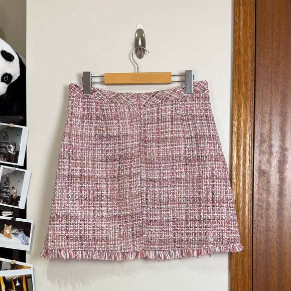 ROSE UNIVERSE Skirt Women Size Large Pink Tweed Woven Fringe Trim Faux Pearl - Picture 5 of 11